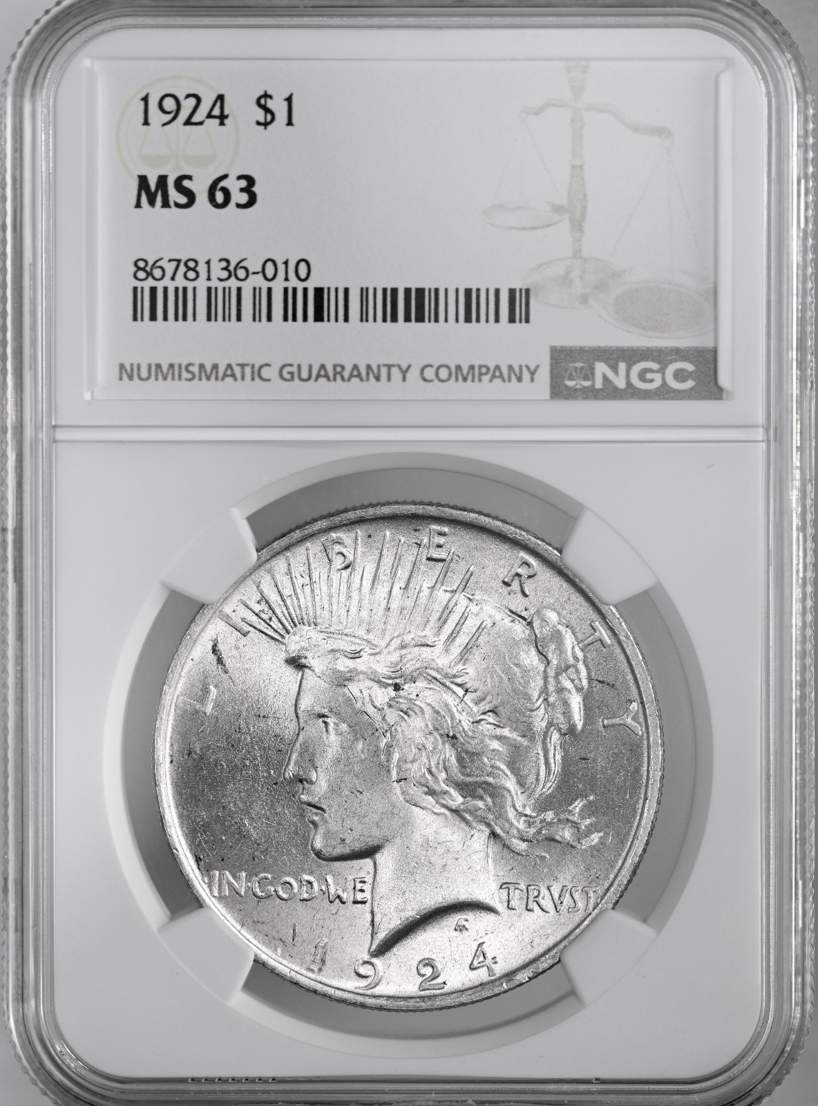 1924-P  $1 PEACE SILVER DOLLAR  "PHILADELPHIA MINT"  NGC MS63 #8678136-010