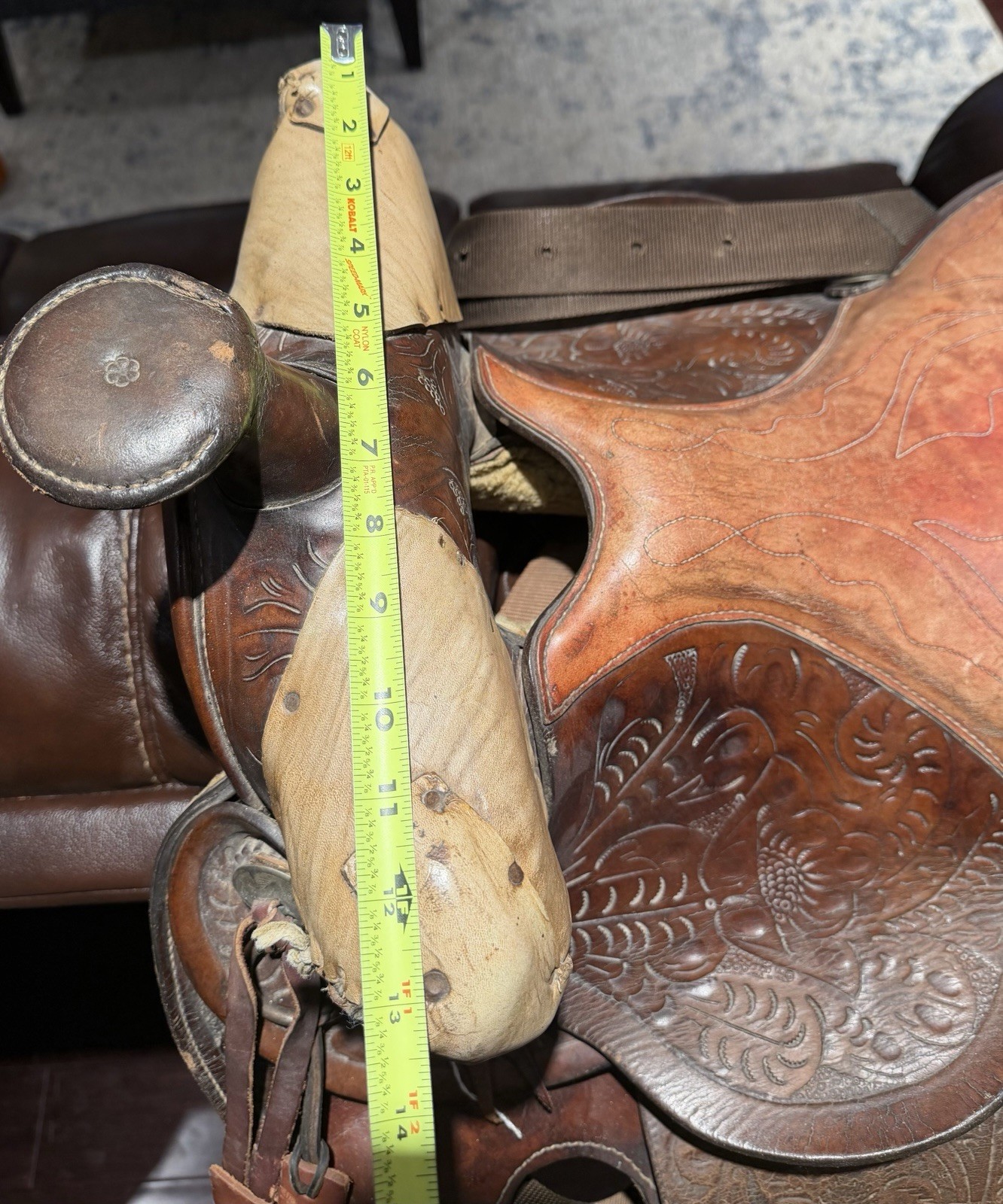 Western Saddle Décor – Rustic Cabin Display – Tooled Leather 15” VERY NICE DECOR