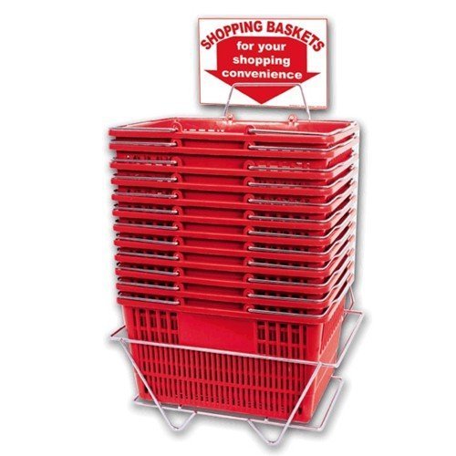 NEW 12 Standard Shopping Baskets - Chrome Handles - Metal Stand and Sign - Red