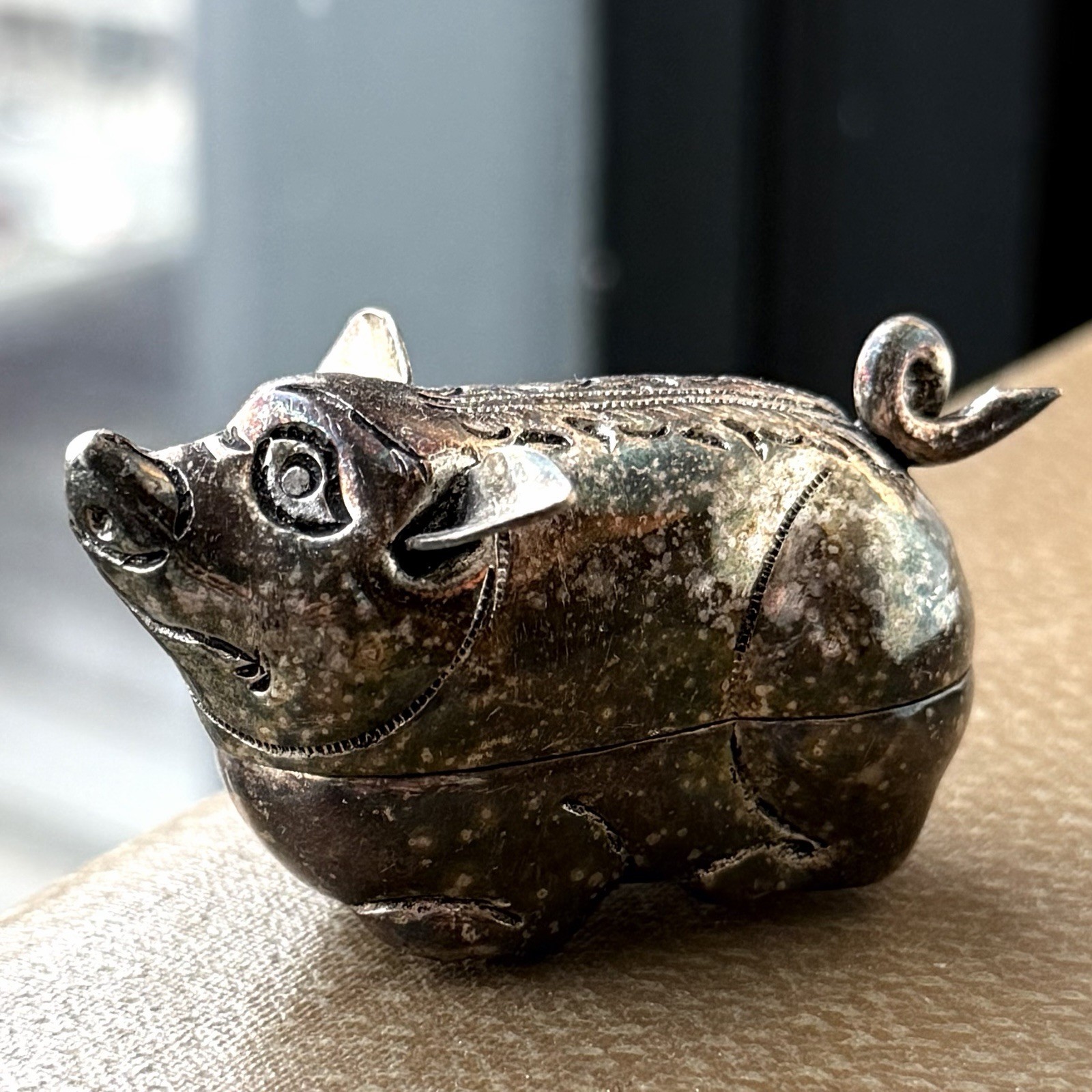 Antique Cambodian Silver Ornate Betel Nut Pig Box "t90" Stamped 31g Grams