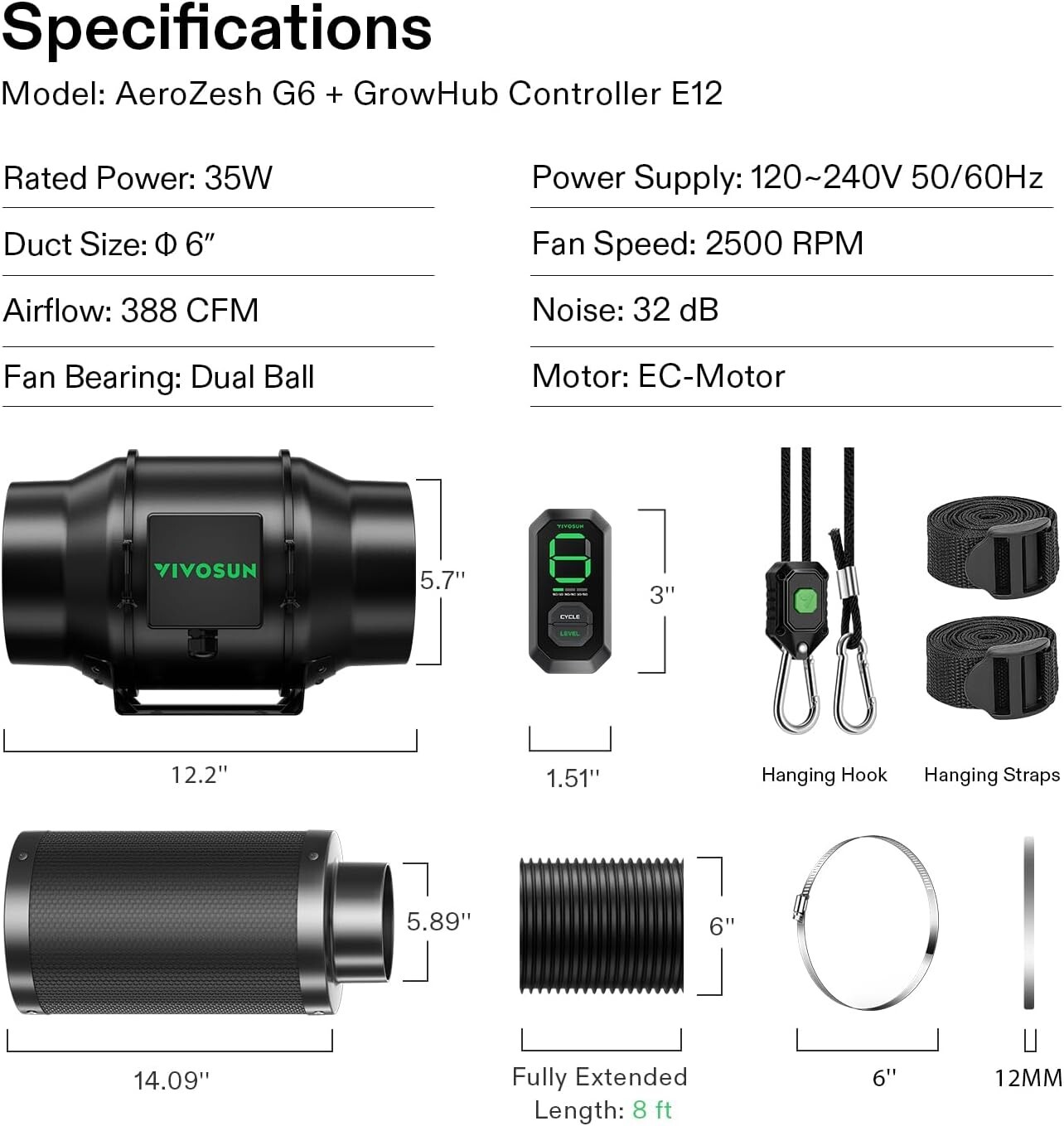VIVOSUN AeroZesh G6 6'' 388 CFM Inline Duct Fan w/E12,Carbon Filter & 8' DuctinG