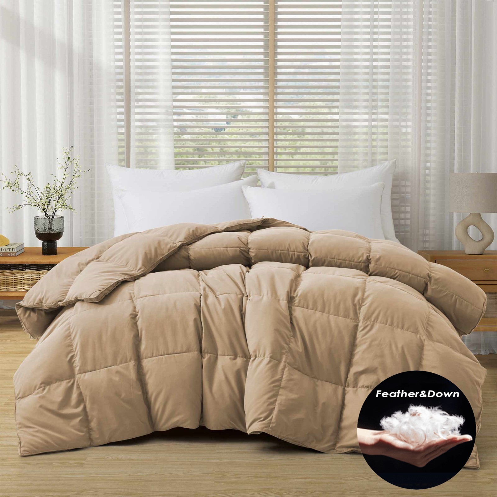 Oversized Down Feather Comforter Moisture-wicking Cozy, King or Queen Blanket
