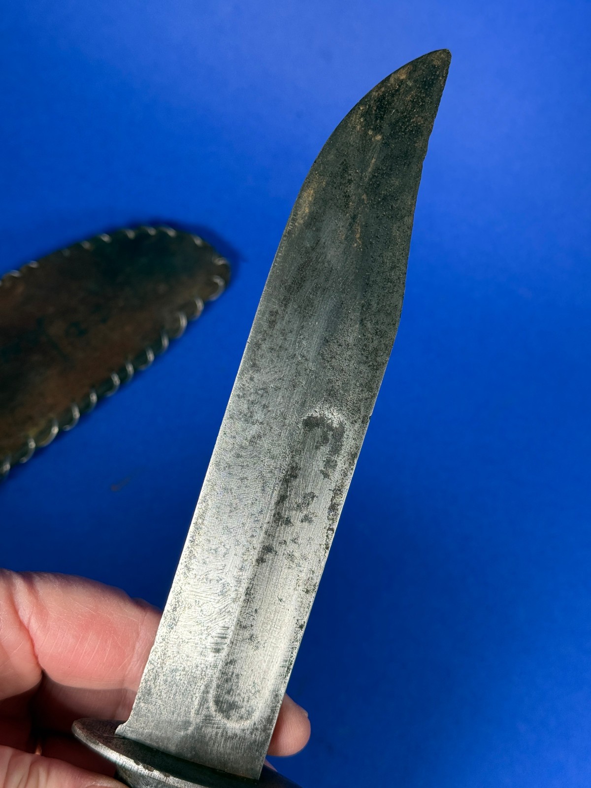 VTG WW2 ERA PERSONAL 12" FIGHTING KNIFE SANSSOUCI DR FRANCE W/ LEATHER SHEATH