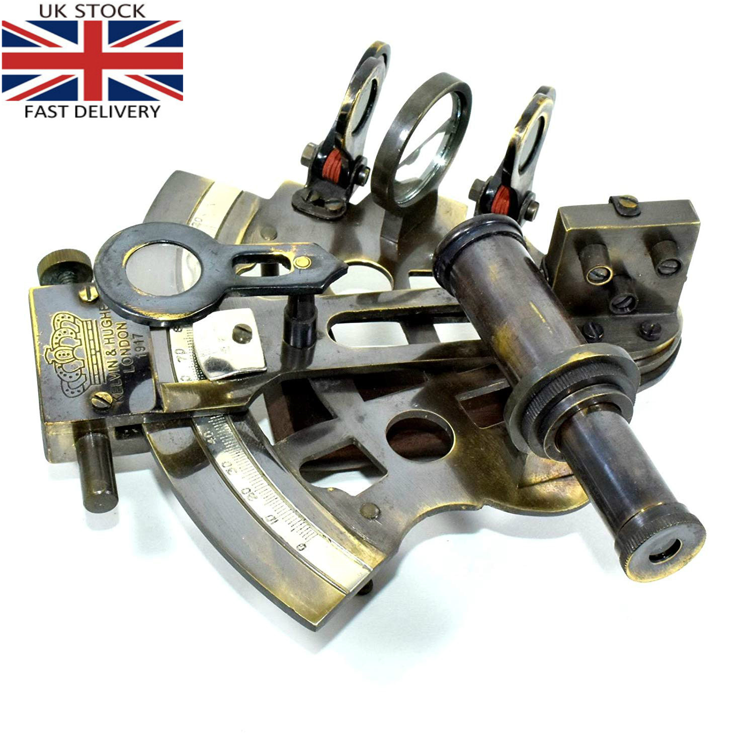 Vintage Maritime Brass Nautical Sextant Leather Case Kelvin Hughes London 1917