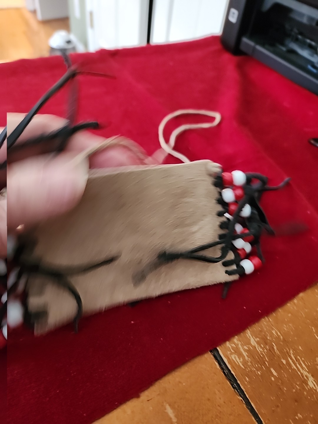 Native American Leather Pouch, Red/white Beads, Cherokee Made, COA #723