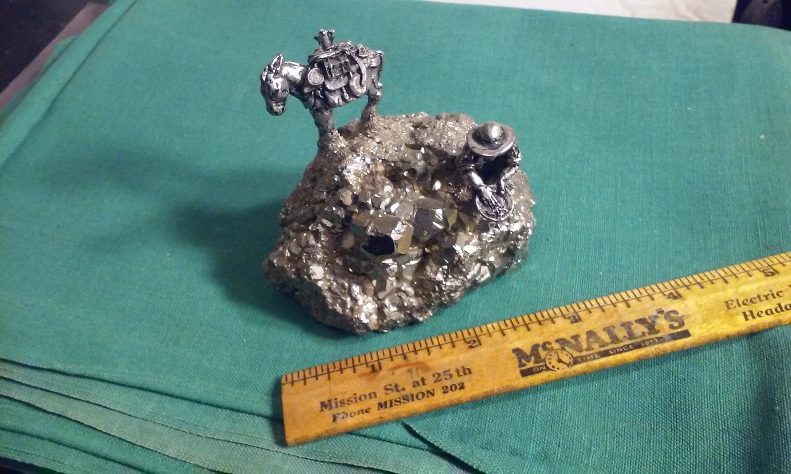 Pewter Gold Miner & Donkey Figure Panning on Pyrite Fool’s Gold Cluster Vintage