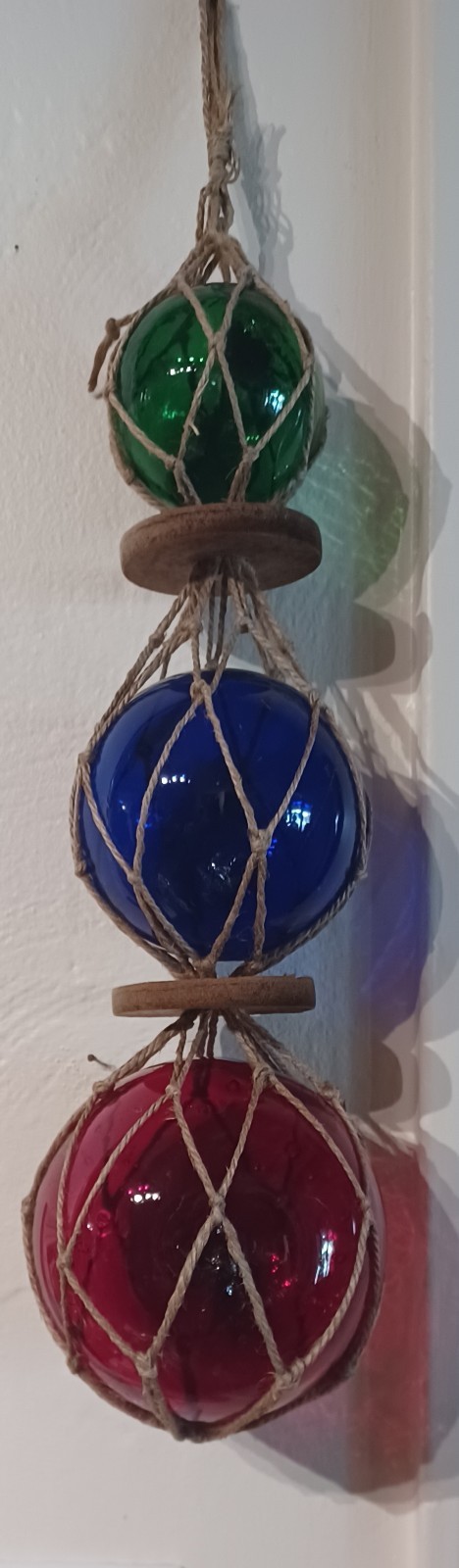 3 Hand Blown Glass Fishing Floats Netted Nautical Fish Net Decor Red Blue Teal