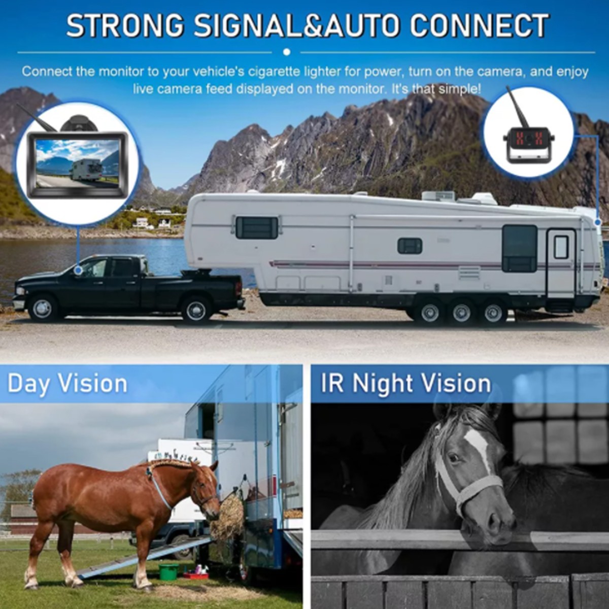 5" Monitor 1080P Solar Magnetic Wireless RV Backup Camera for Car Trailer Truck