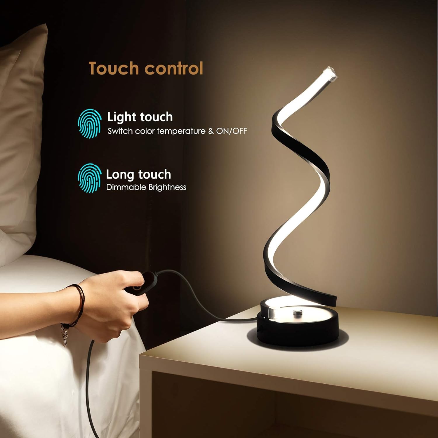 Table Lamp for Live Room Black Dimmable LED Lamp Small Bedside Nightstand Lamps