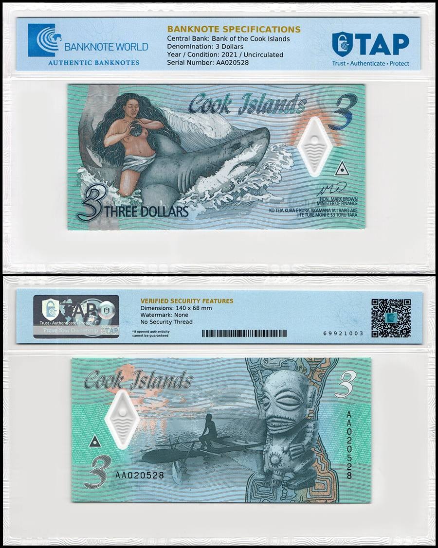 Cook Islands 3 Dollars, 2021 ND, P-11, UNC, Polymer, Authenticated