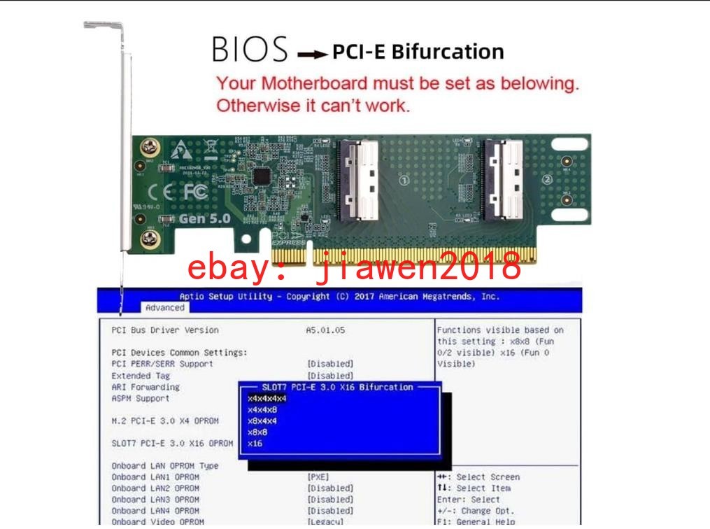 PCIe 5.0 x16 to MCIO 8i SFF-TA-1016 to X8 X8 Bifurcation Adapter Riser Card US