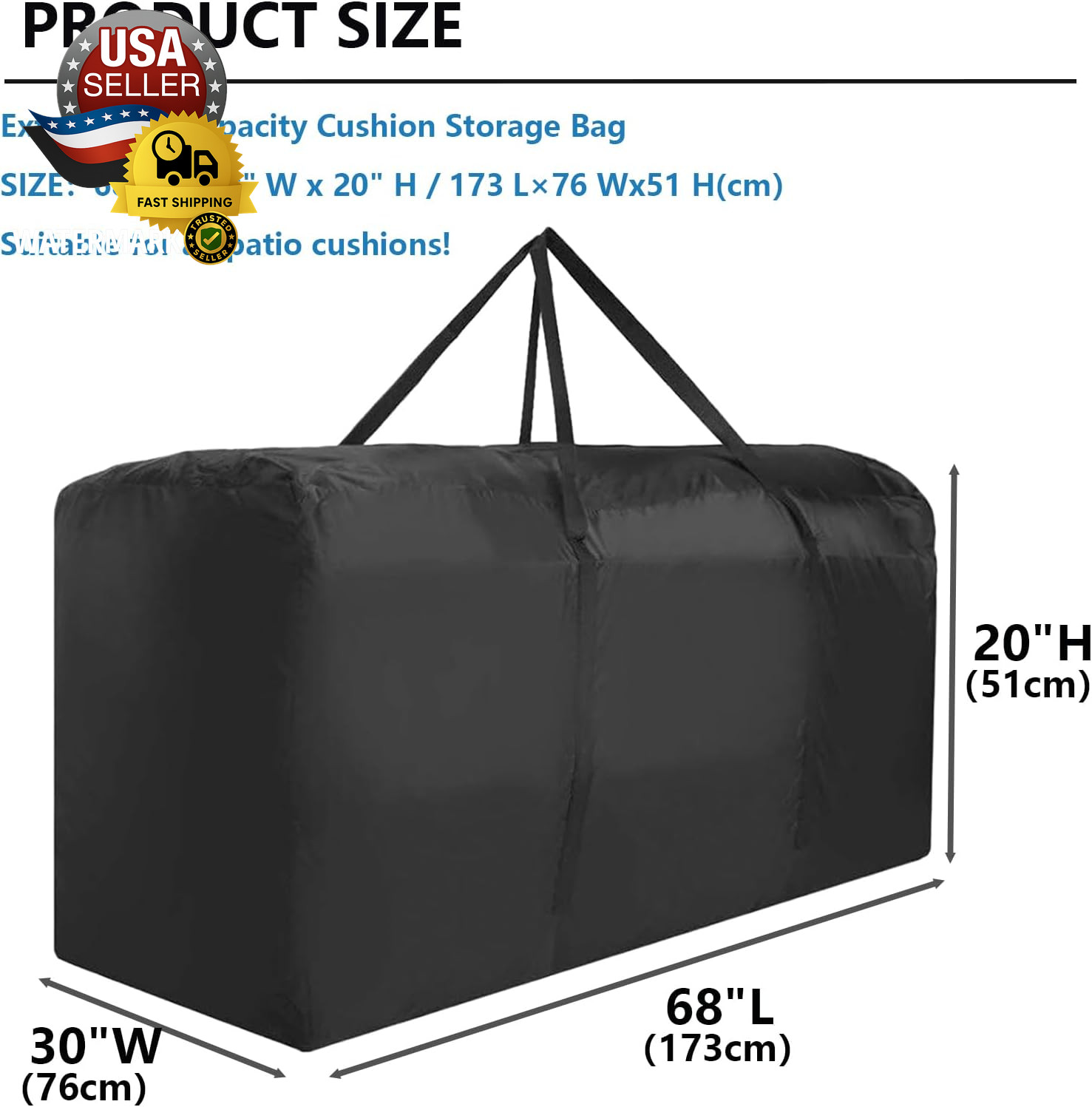 Outdoor Cushion Storage Bag, Waterproof Extra-Large Black Outdoor Patio Cushion