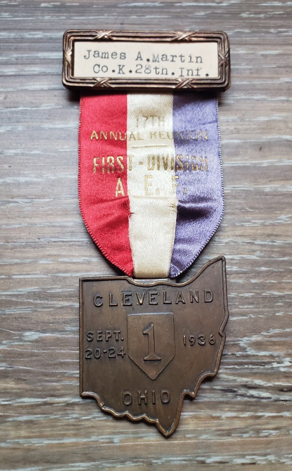 🔥RARE ORIG'L WWI 1ST DIVISION REUNION MEDAL CO K 28TH INF BLACK LIONS CANTIGNY