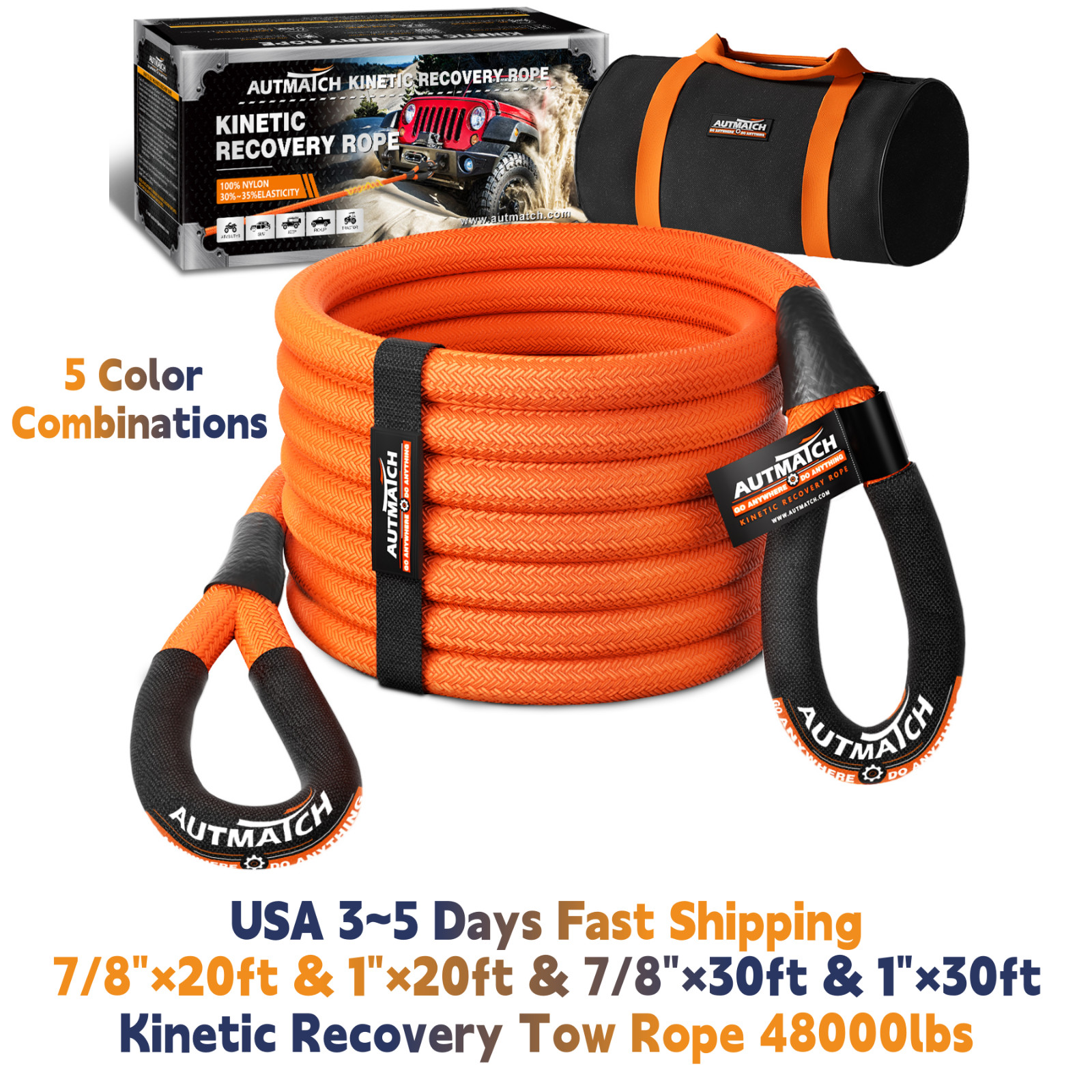 AUTMATCH 7/8" & 1" 20-30 ft Kinetic Recovery Tow Rope 35000lb-48000lb Heavy Duty