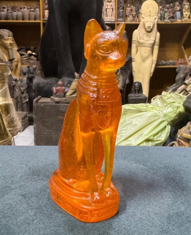 RARE ANCIENT EGYPTIAN ANTIQUITIES Statue Goddess Bastet Cat Made Amber Stone BC