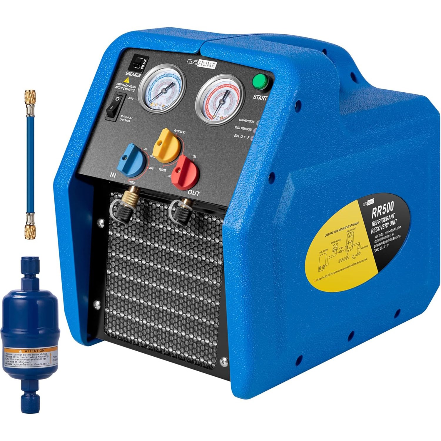 Refrigerant Recovery Machine 1 HP Dual Cylinder Oil-Less Freon Recycling Unit