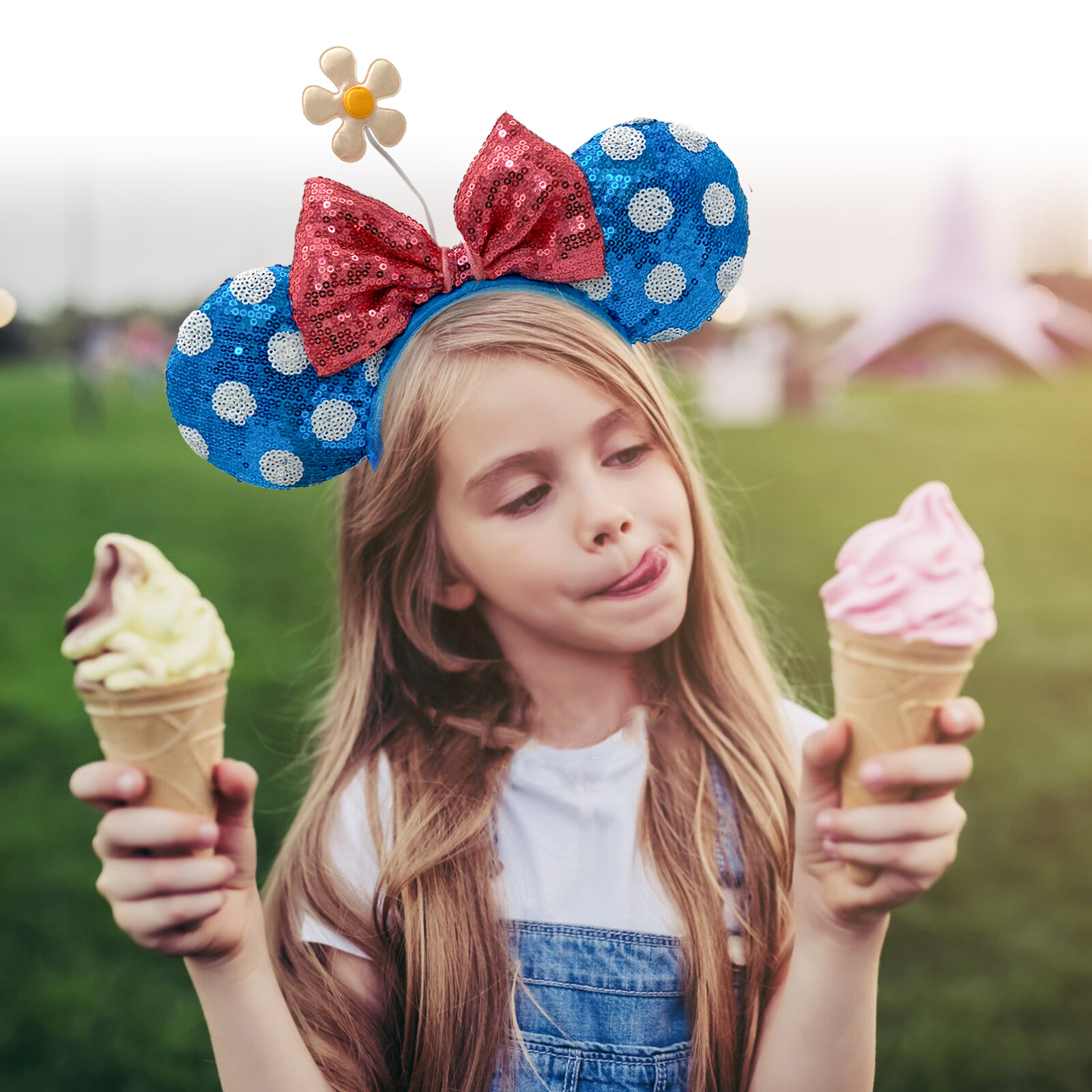 Disney Parks Minnie Ears Headband Blue Polka Dot Sequin Bow