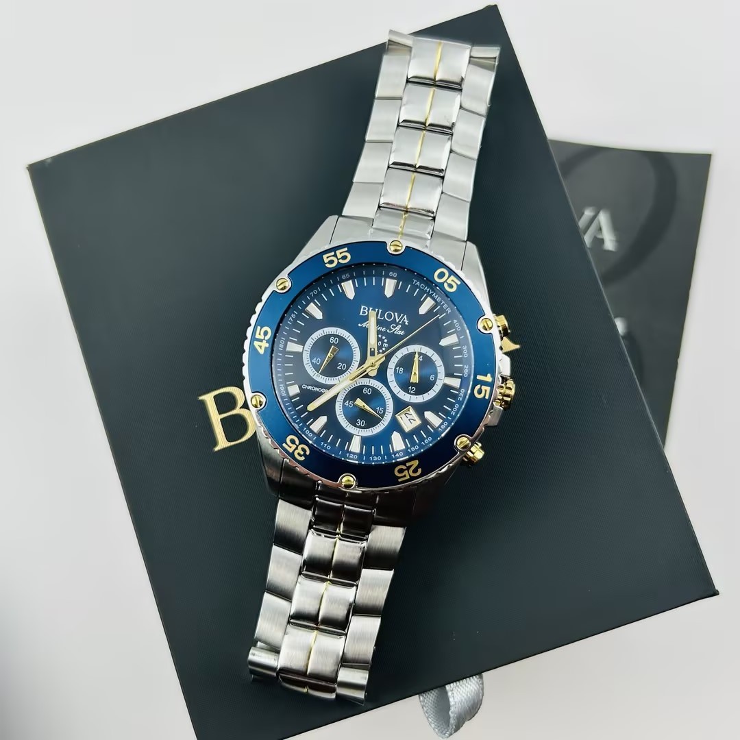Bulova Marine Star 98B400 Men's Blue Dial Stainless Chronograph Quartz Watch New