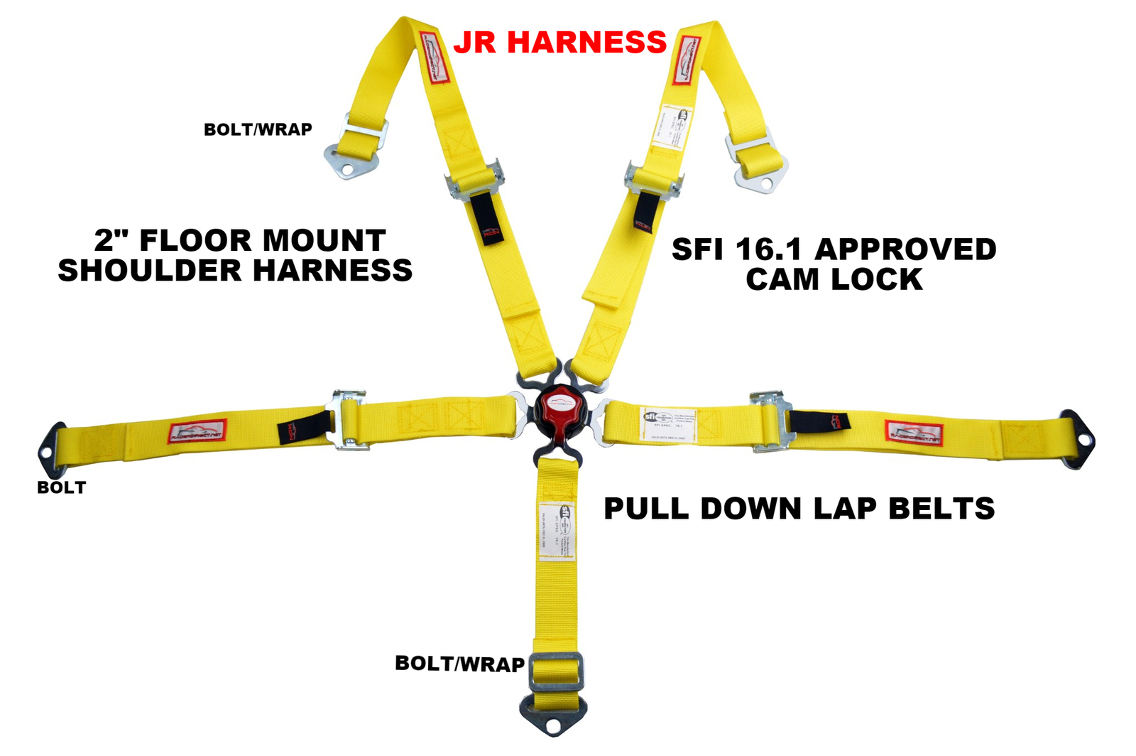 JUNIOR RACING HARNESS SFI 16.1 5 POINT CAM LOCK FLOOR MOUNT 2" SEAT BELT YELLOW