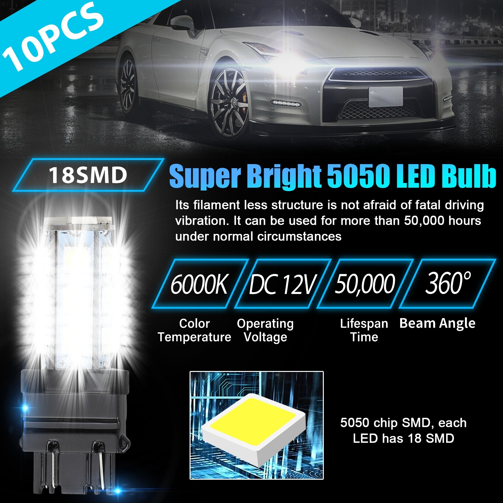 10PCS 3157 3156 18-SMD Reverse Brake Stop Turn Signal Tail LED Light Bulbs White