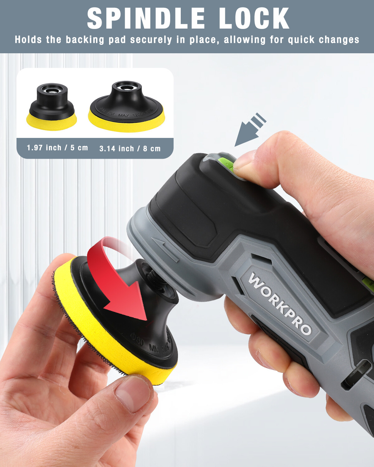 WORKPRO Cordless Mini Buffer Polisher 12V 5 Variable Speed Up to 3000RPM Battery