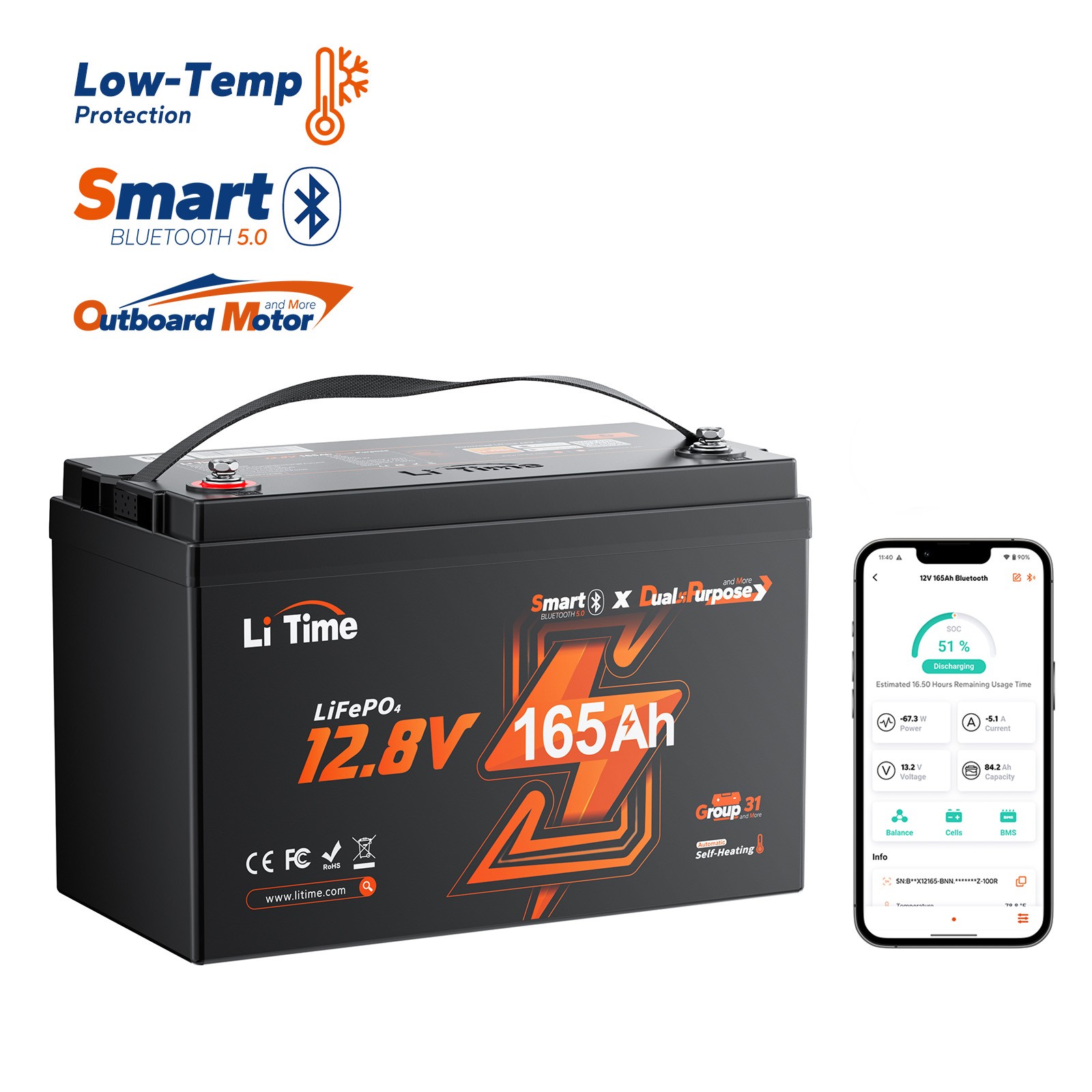 LiTime 12V 165Ah Dual Purpose Lithium LiFePO4 Battery CCA 1200 For Marine Motor