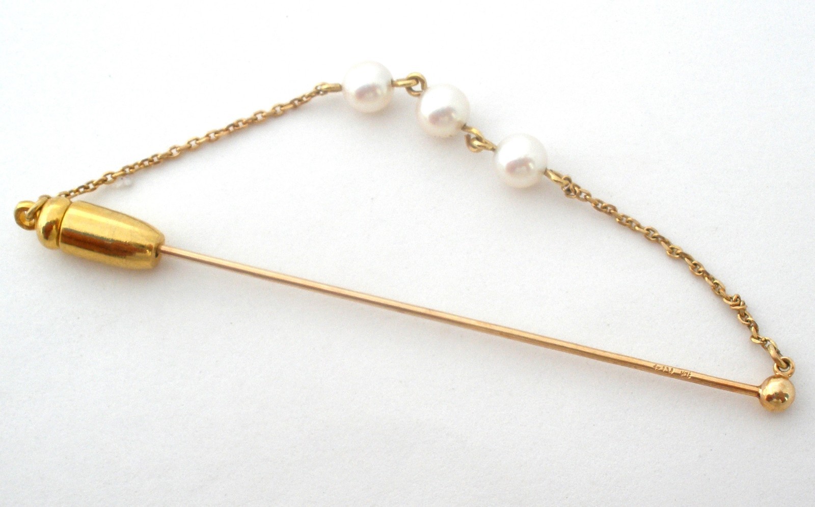 Mikimoto K14 Yellow Gold Pearl Stick Pin 14K Vintage Brooch With 3 Pearls 5mm