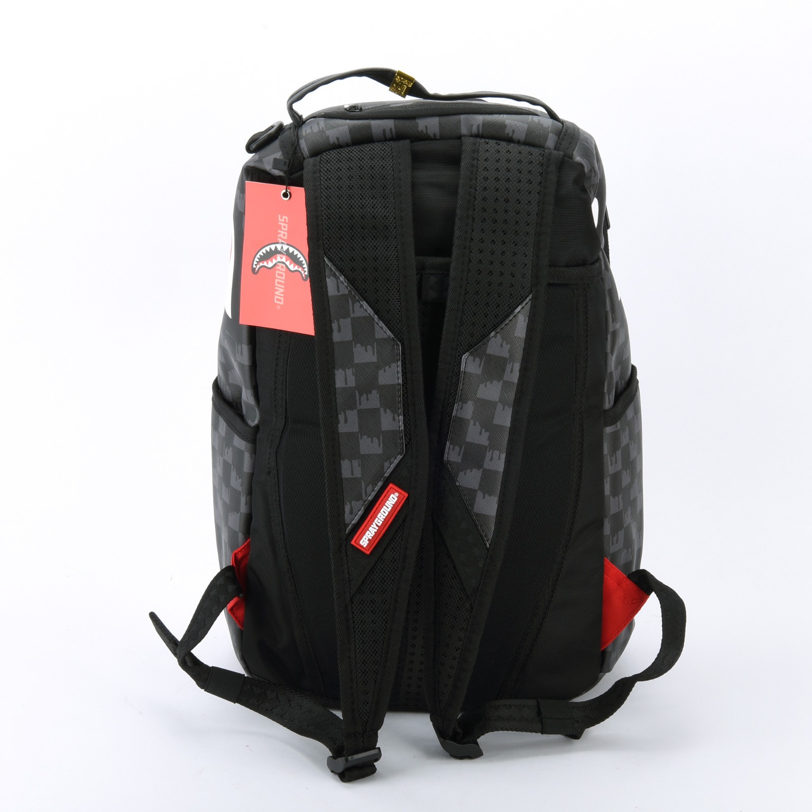 Sprayground Shark Drip Checkerboard Leather Bag Backpack Unisex Black Gray Plaid