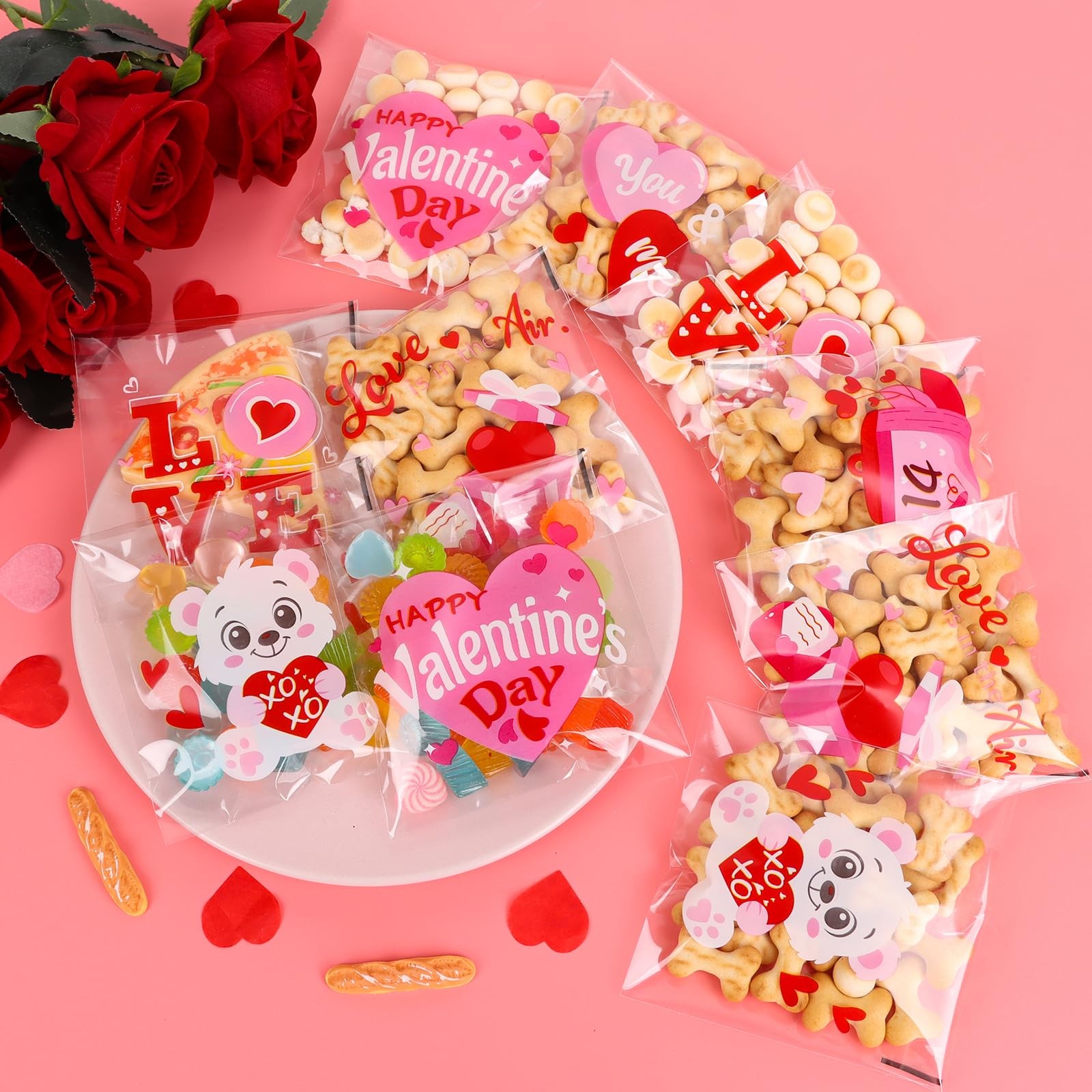 300pcs Valentine Cellophane Treat Bags Self-Adhesive Clear Plastic 6 Designs Set