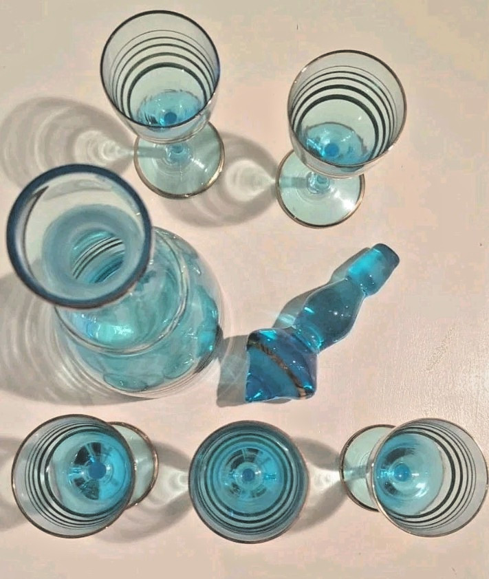 MCM Vintage Teal Blue & Gold Romanian Glass Decanter 4 Cordial Glasses 7 pc Set