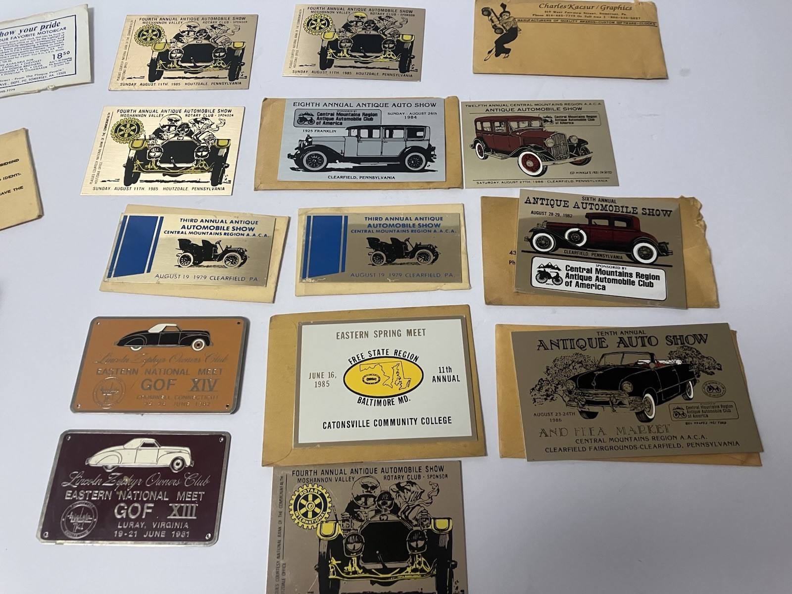 Vintage Car Show Metal Dash Plaque Lot Of 13. PA,VA 80’s