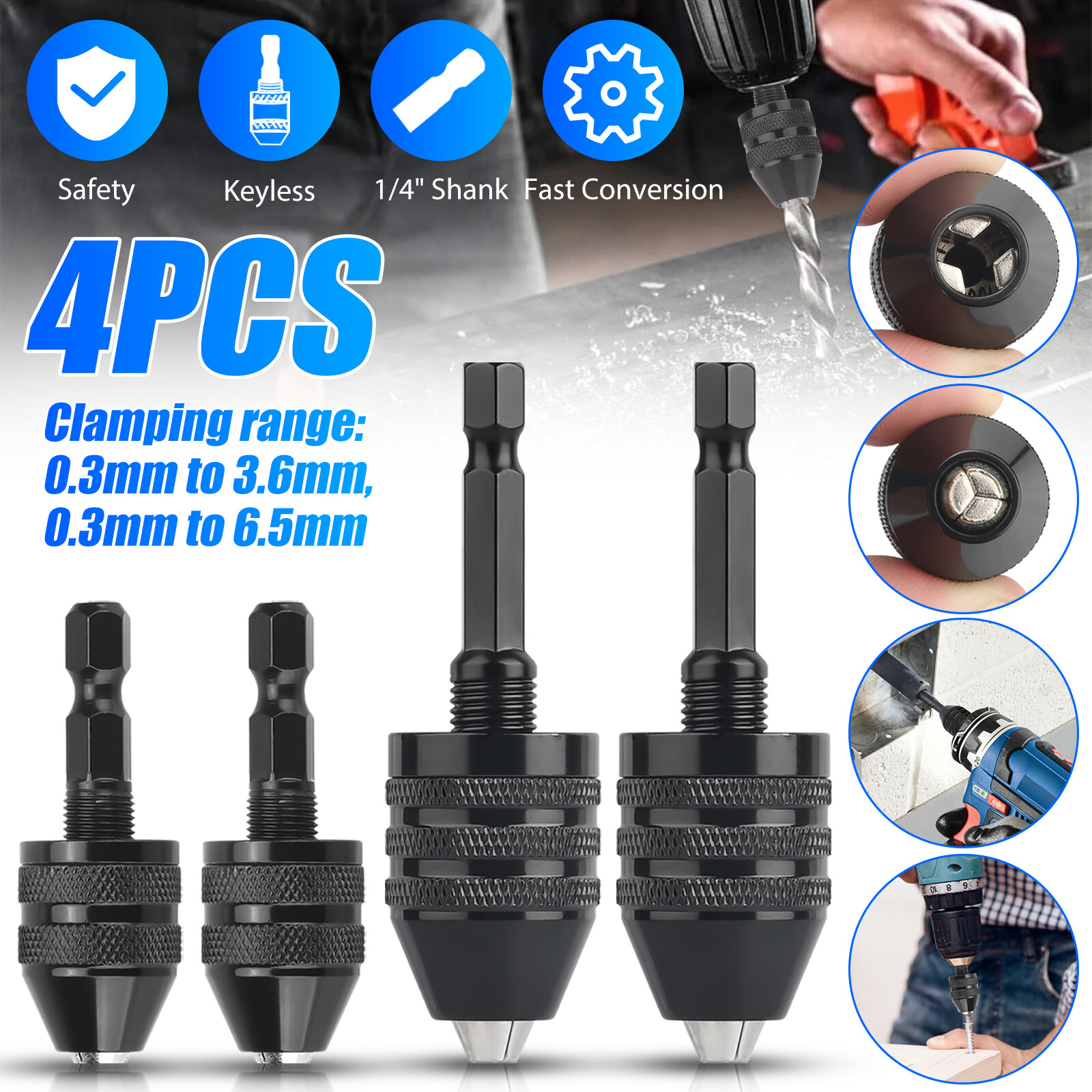 4Pcs 1/4"Hex Shank Keyless Drill Chuck Adapter Bit Quick Change Converter Driver