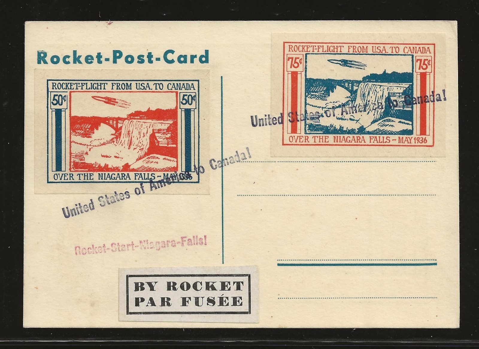 1936 US rocket mail card - USA to CANADA over Niagara Falls - NY IPEX - EZ 9D1