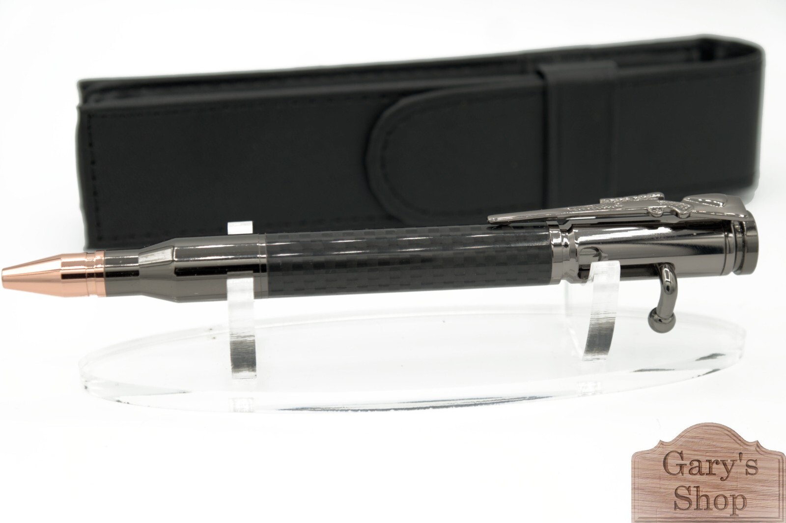 Bolt Action Pen in Gun Metal with Carbon Fiber Barrel PU Leather Case