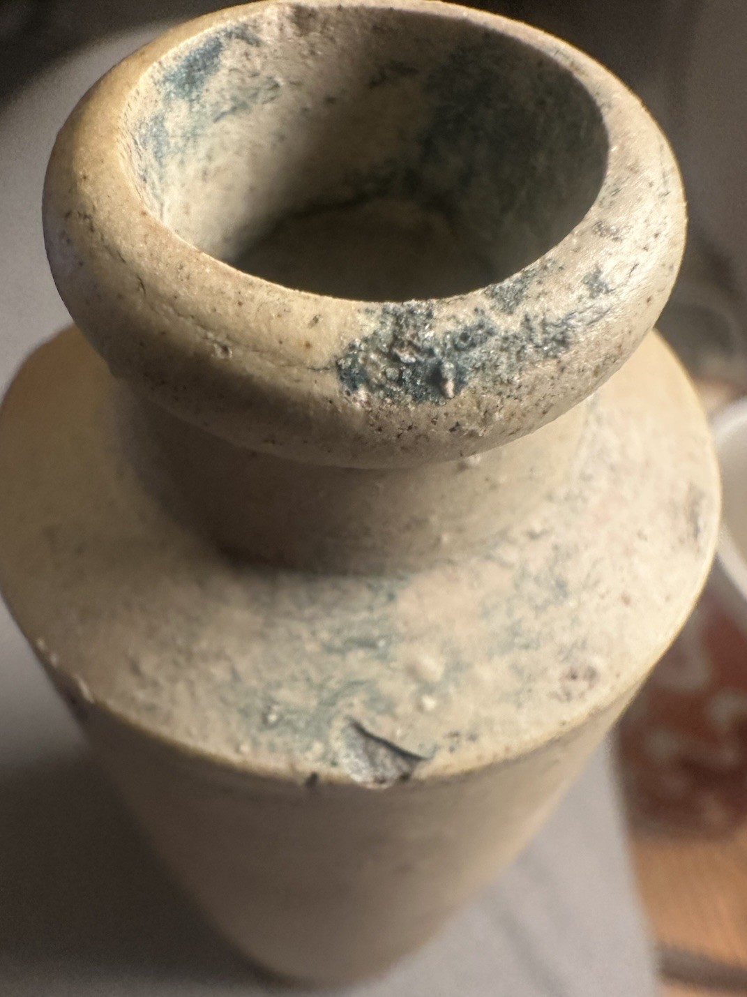 Early Pottery Cylinder Ink Well Bottle, , 4" tall Two toned 1.5" base