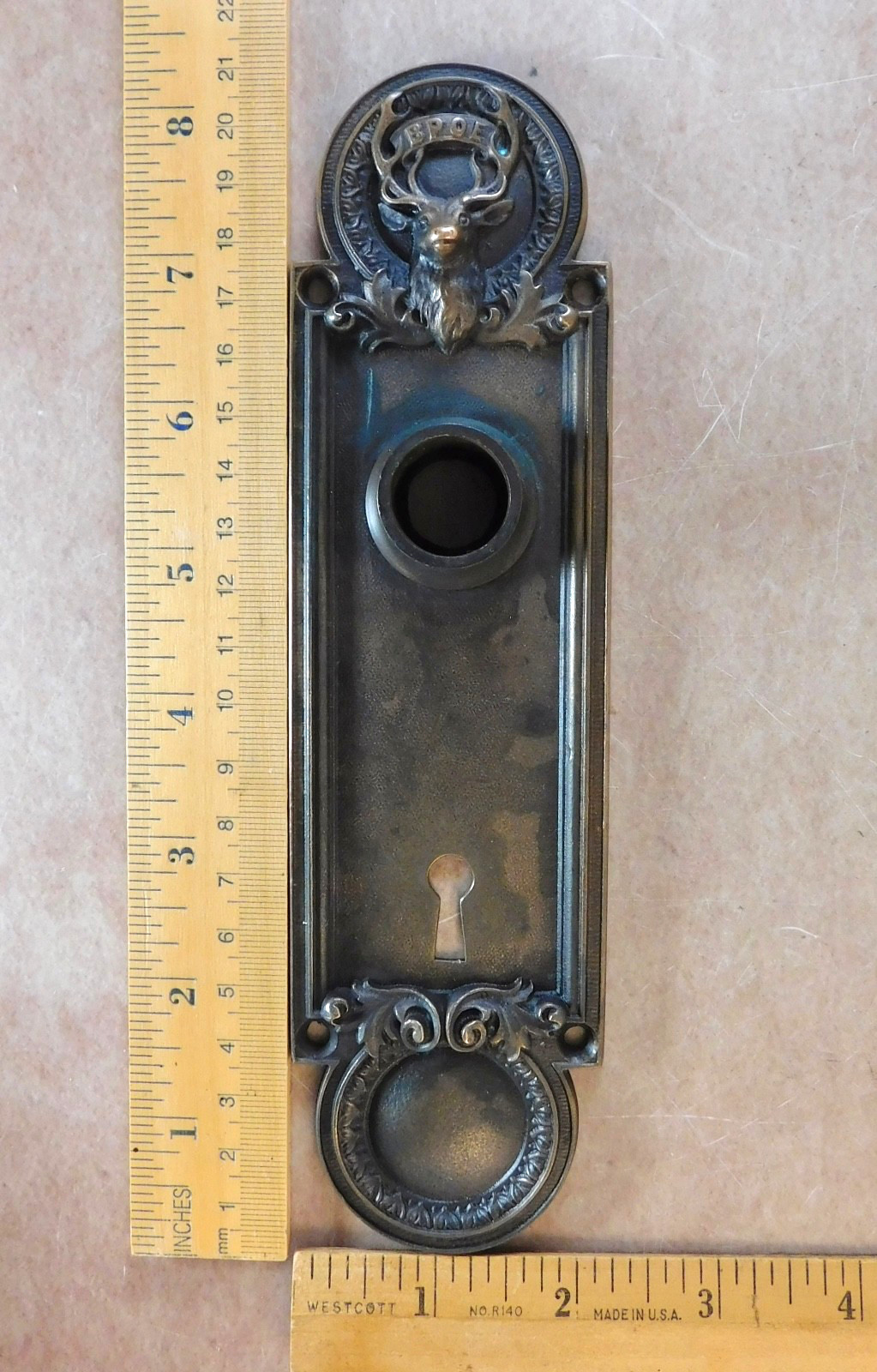 Antique BPOE Elk door back plate cast brass bronze emblematic escutcheon