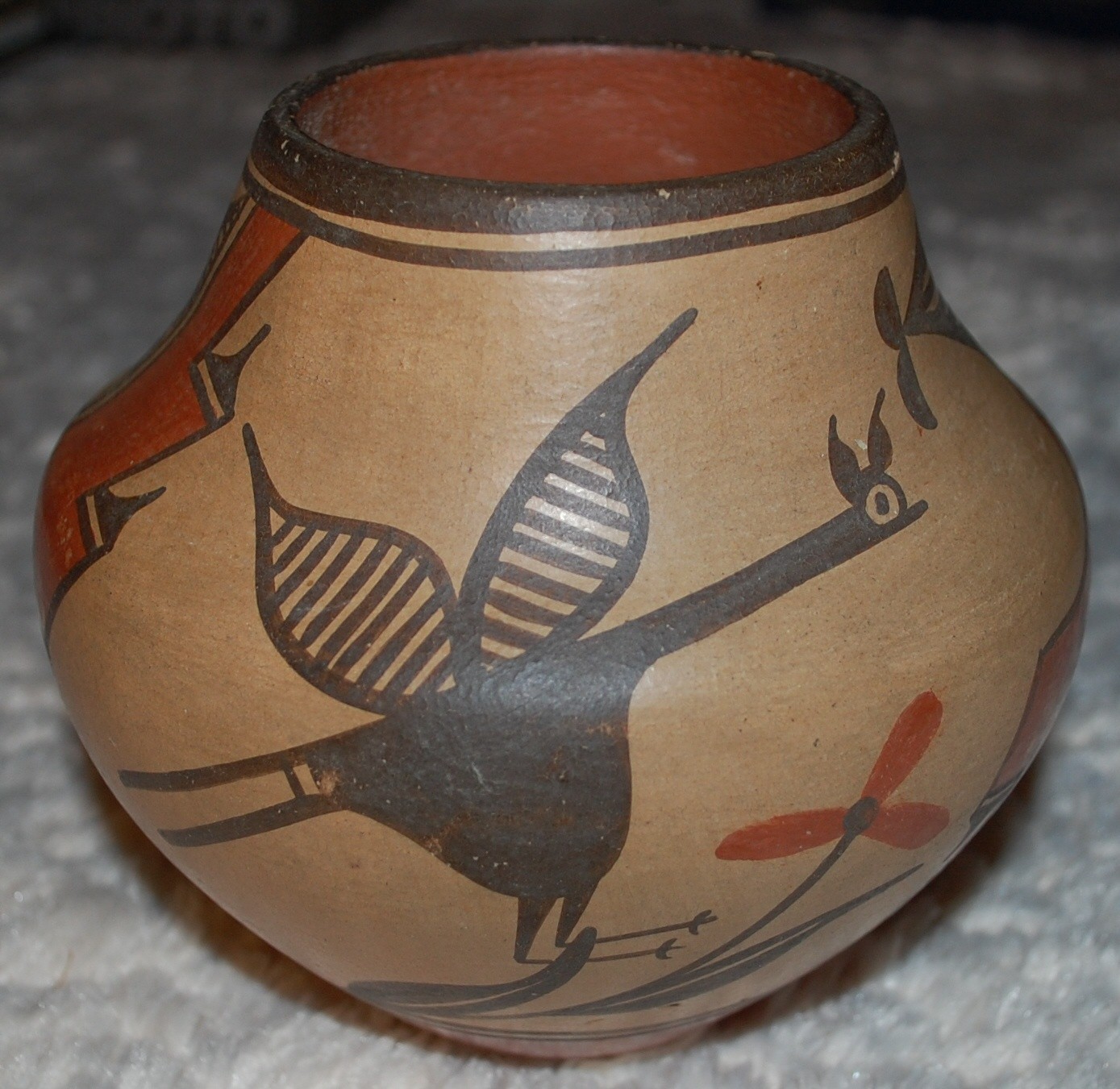 Vintage-1930-40 Zia Pottery Jar Roadrunner, Flower & Geometric designs-E. Medina