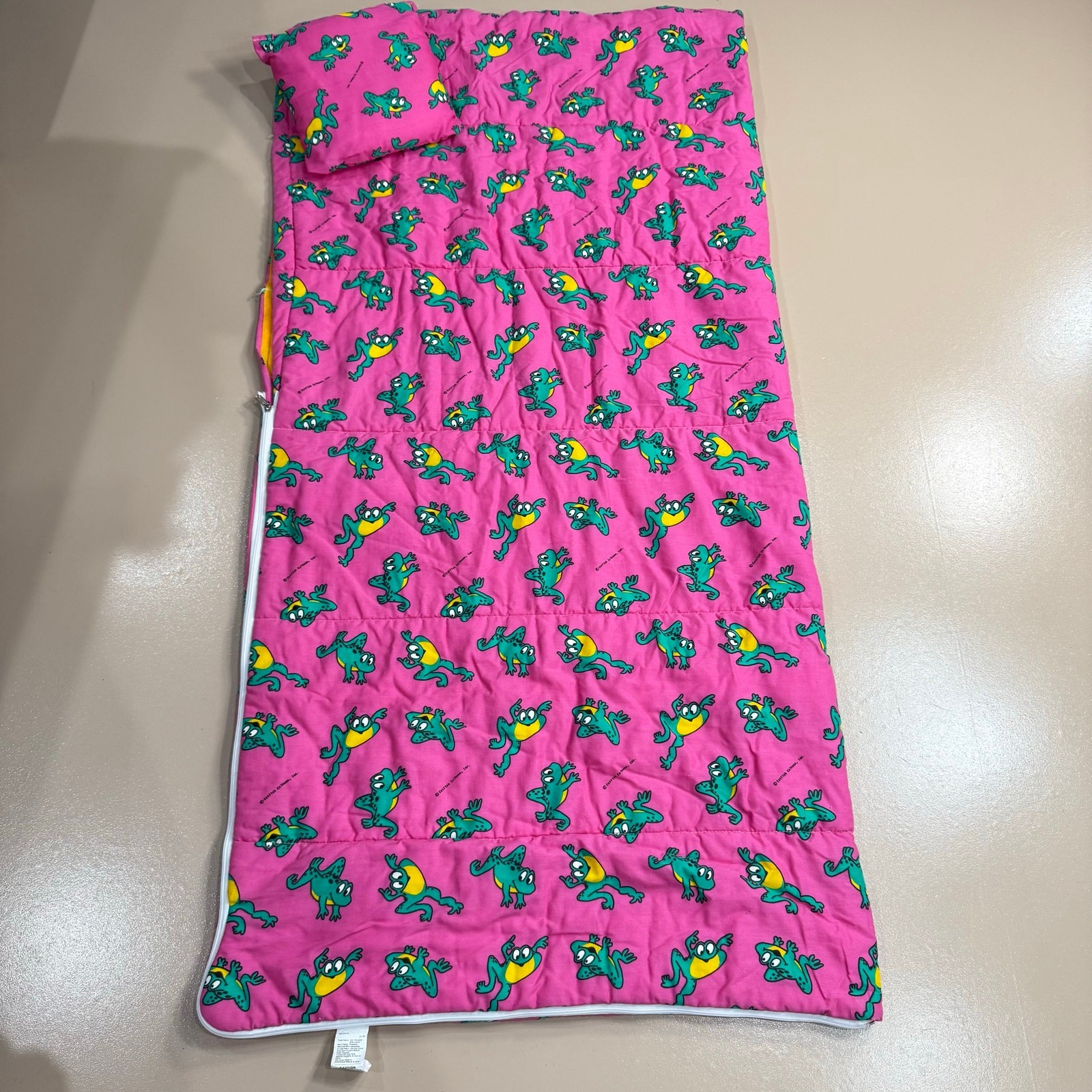Vintage 80s 90s Pink Green Frog Sleeping Bag & Pillow Catfish Calhoun Kidcore