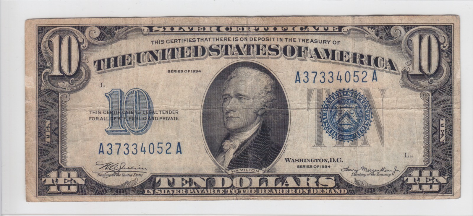 1934 $10 Silver Certificate Note FR#1701 A37334052A
