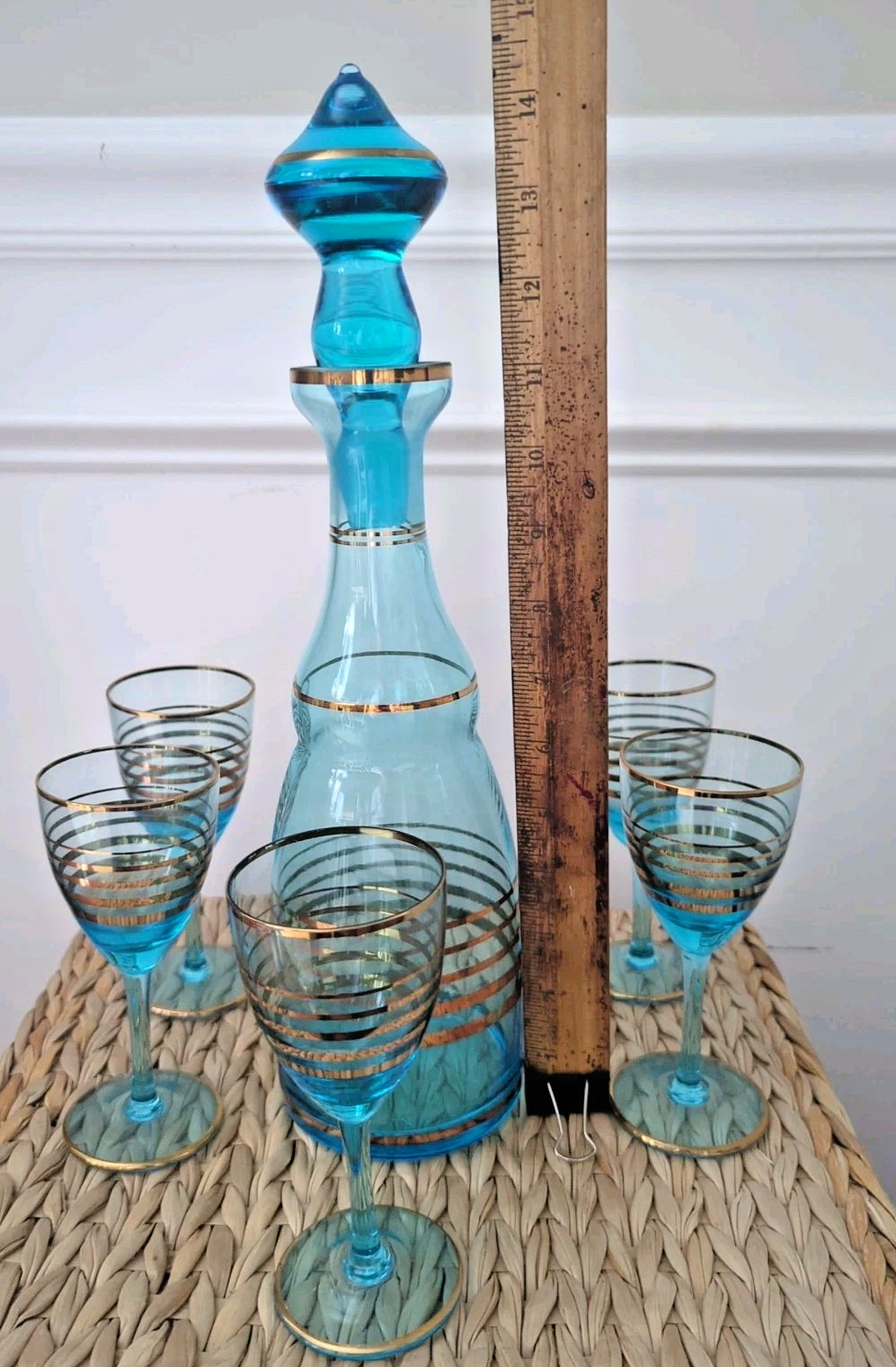 MCM Vintage Teal Blue & Gold Romanian Glass Decanter 4 Cordial Glasses 7 pc Set