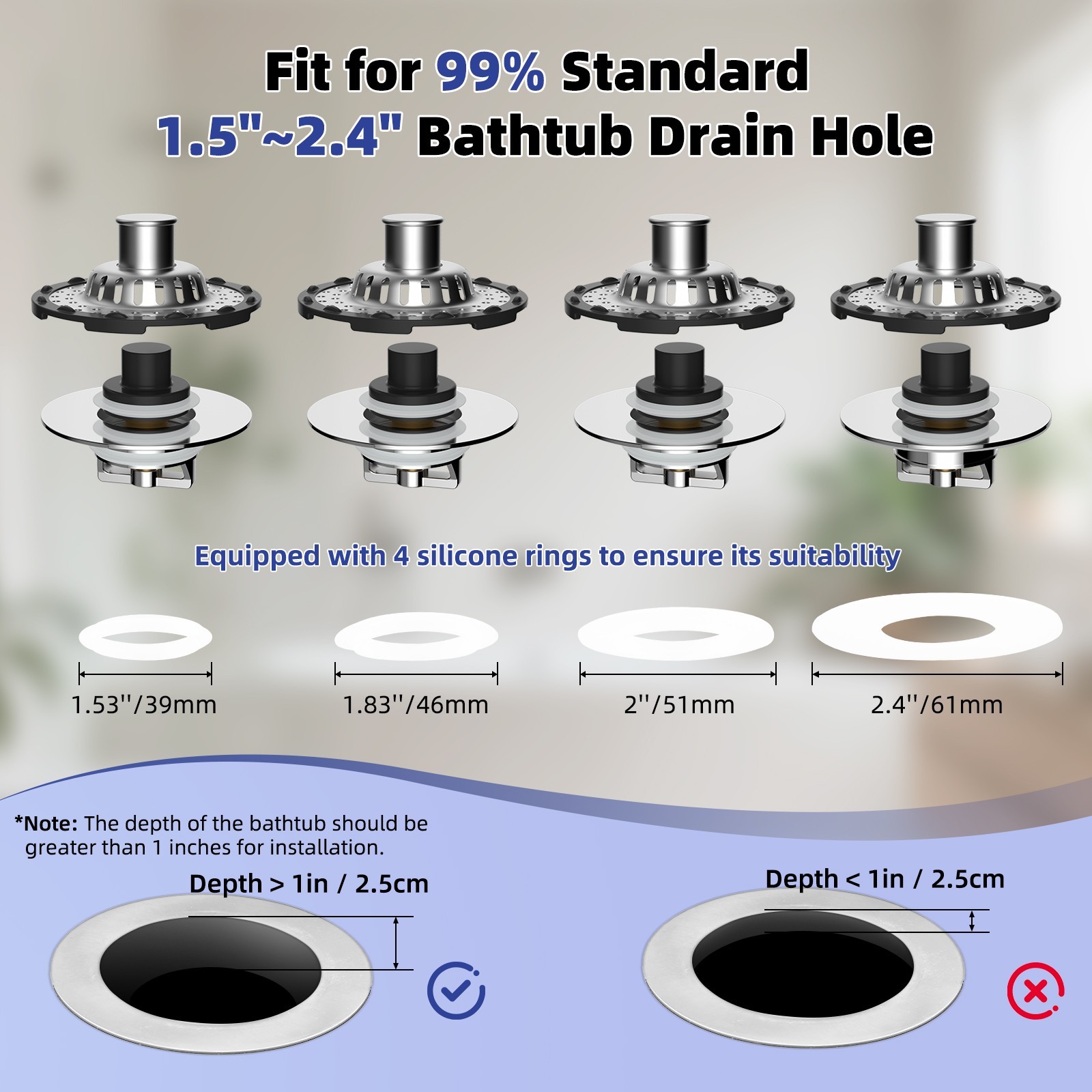 Universal Bathtub Drain Stopper - Pop-Up Hair Catcher for Tub 1.5 to 2.4" Hole