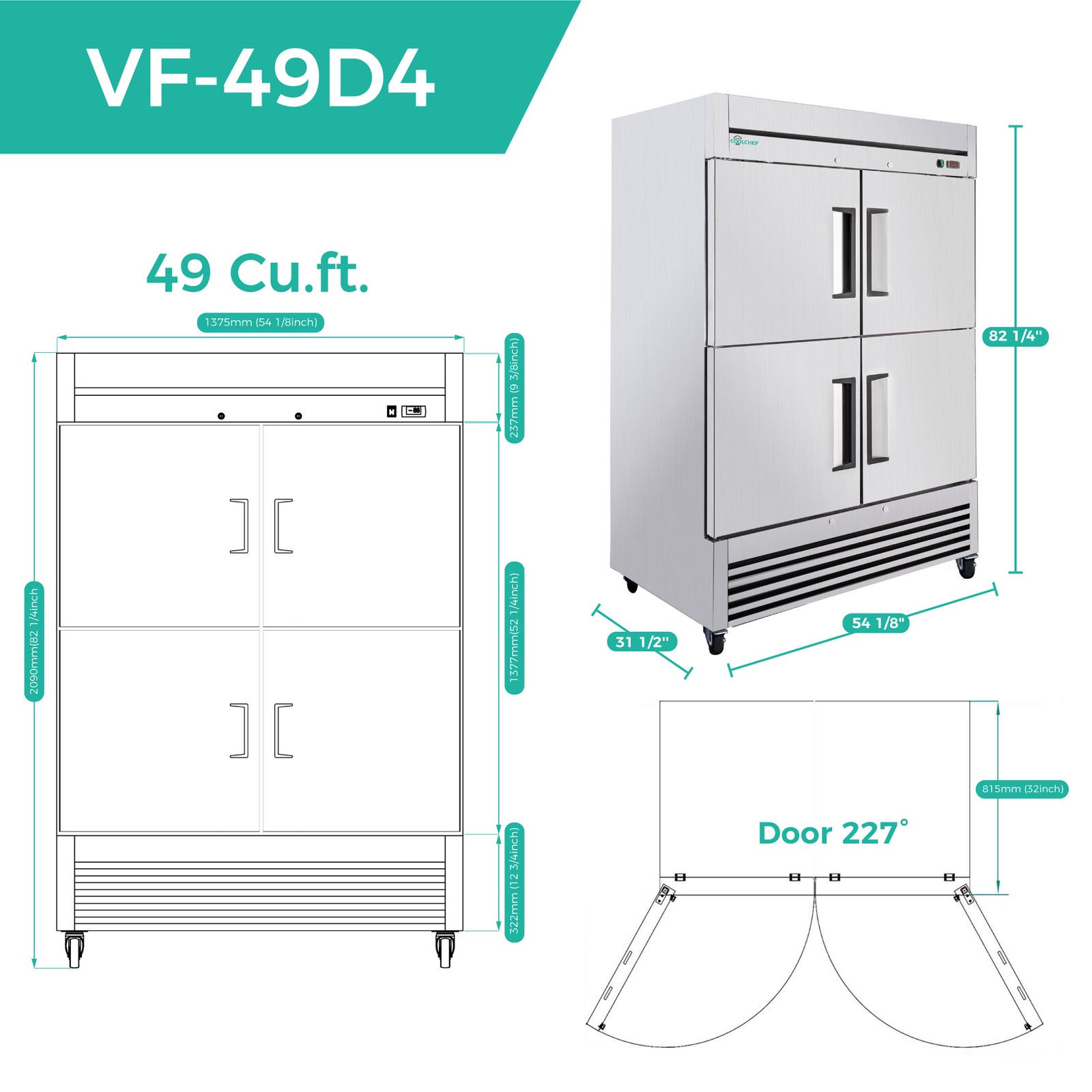 54"Commercial Freezer 49Cu.Ft 4 Door Stainless Steel -8~0℉ Air Cooling 6 Shelves