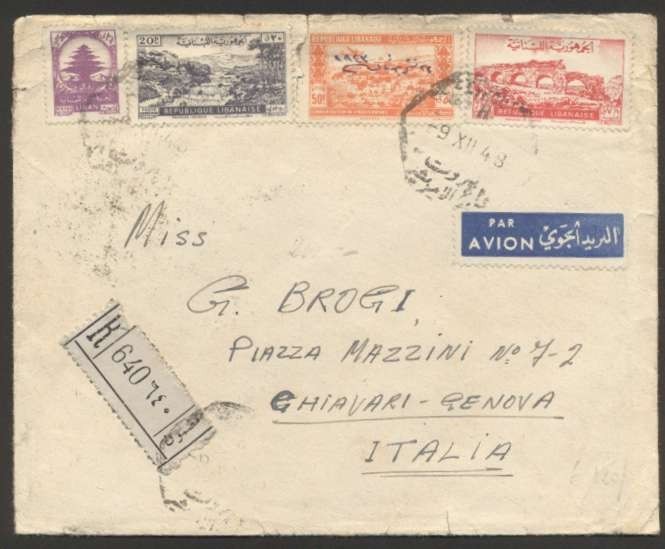 1948 Lebanon To Italy Airmail Register Cover Multiple Franking With 5 Stamps