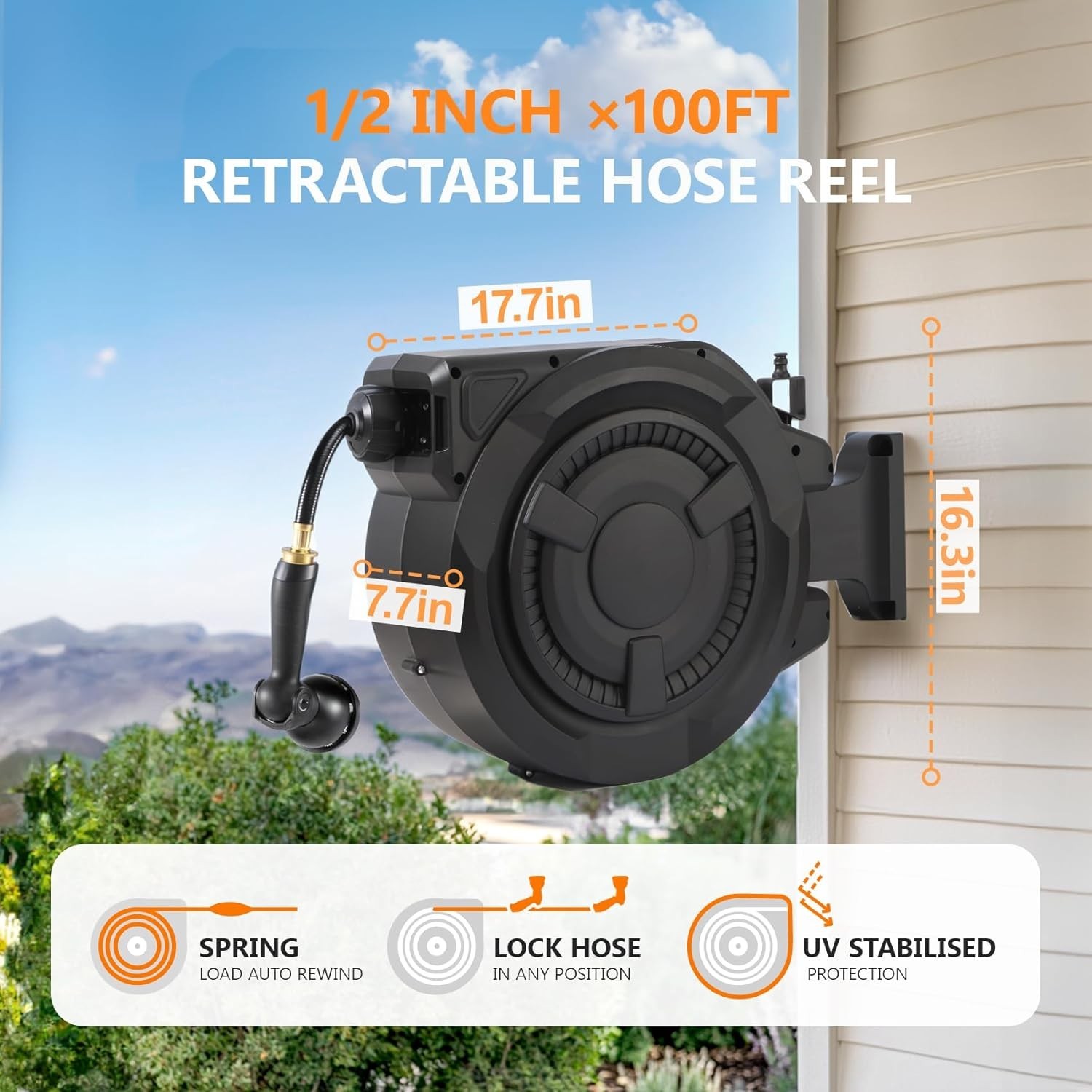 wikiwiki Retractable Garden Hose Reel 1/2 in x 100 ft, Heavy Duty Wall Mounte...
