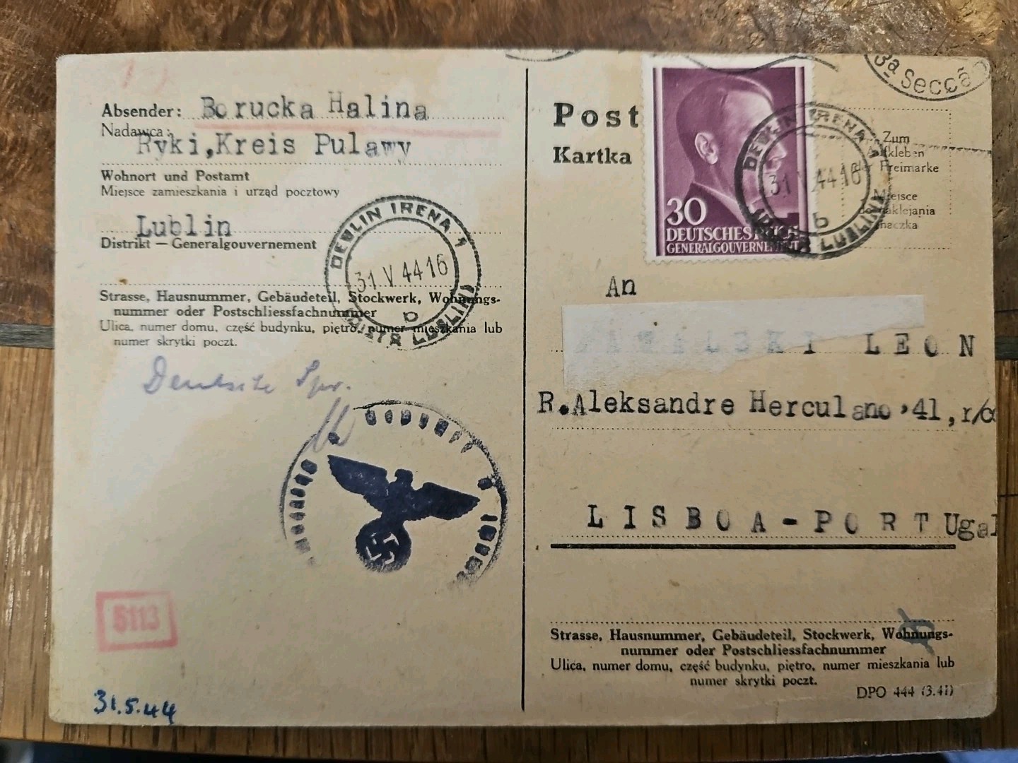POLAND  1944 Undercover Mail RYKI TO Portugal To  London Card Lublin F