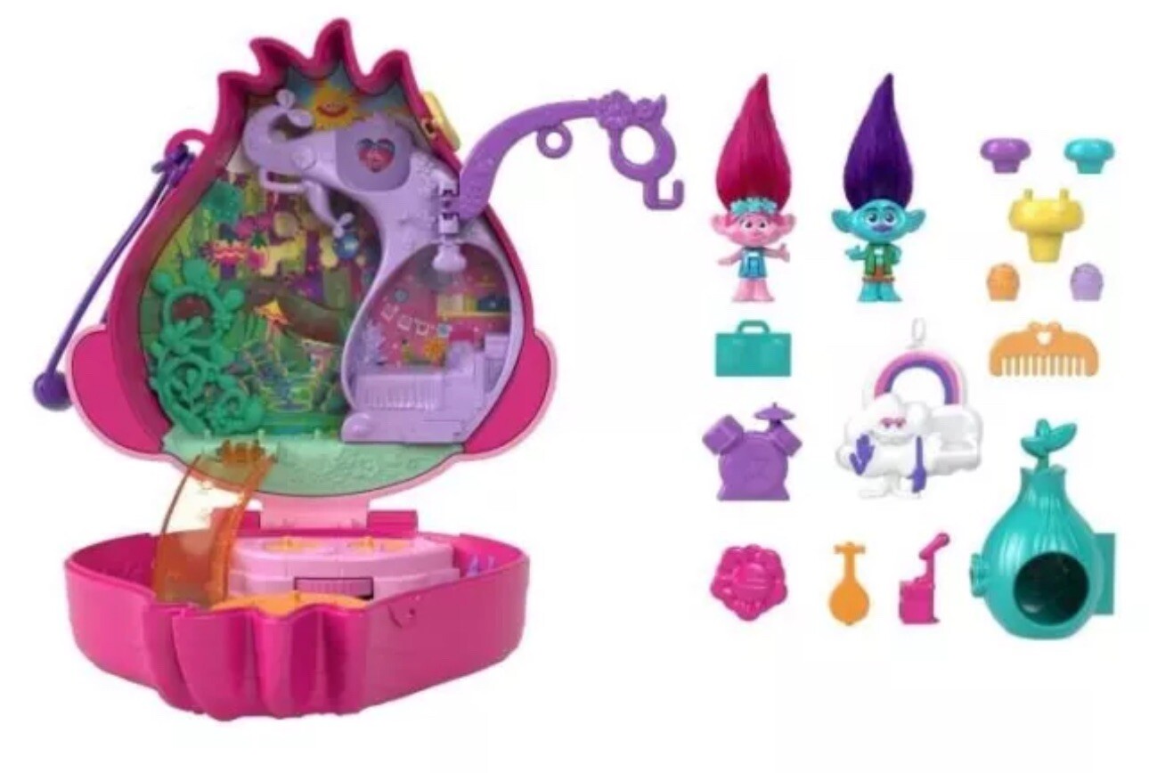 Polly Pocket & DreamWorks Trolls Compact Playset w POPPY & BRANCH & Accessories