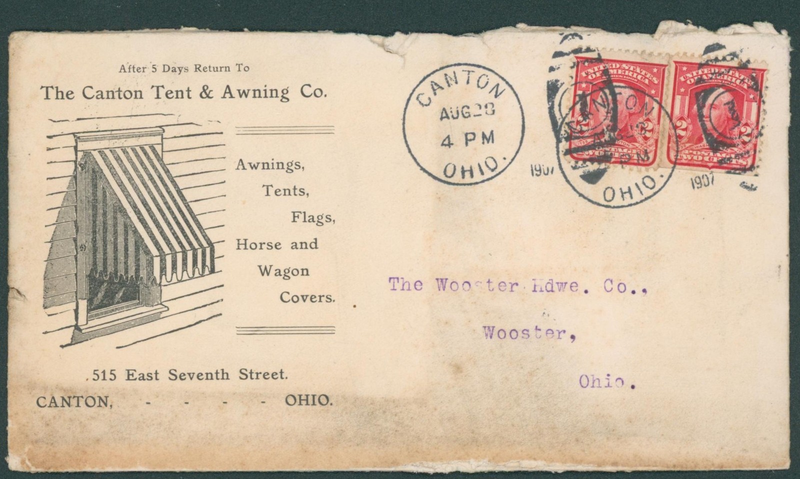 1907 Canton OH Tent Awning Cover Fancy Duplex Cancel Illustrated Envelope Art