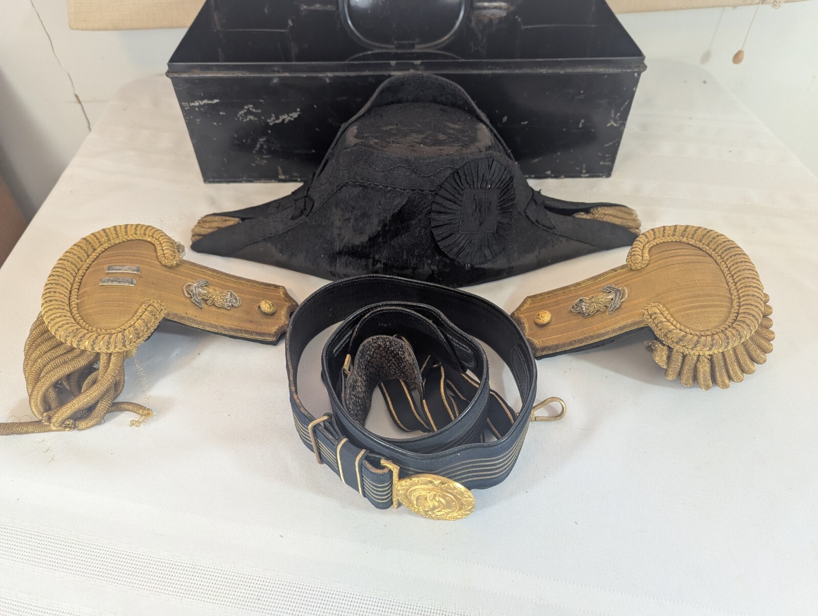 19th Cent. US Navy Officers Hat w/ Epaulettes & Belt in Tin Case Original!