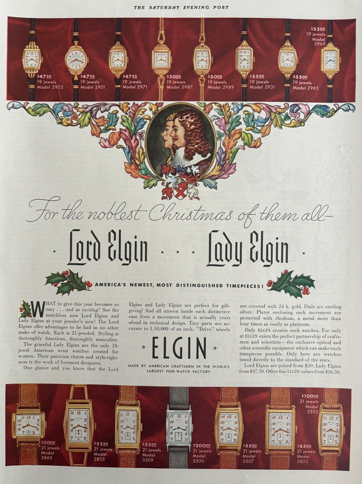 1938 Elgin Watches Lord Lady Newest Christmas Gold 21 Jewels Vintage Print Ad