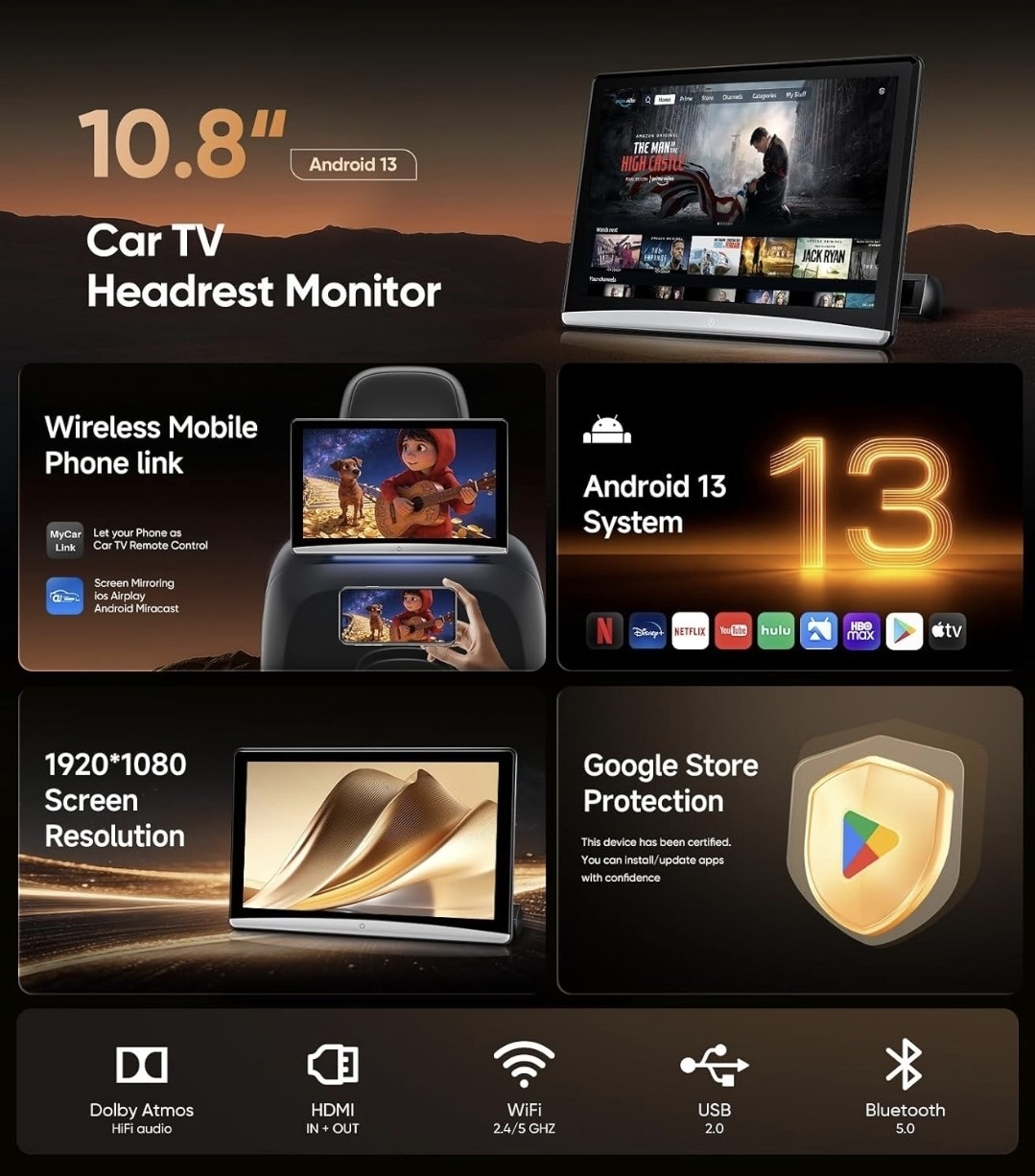 10.8-inch Android 13.0 Car TV Headrest Monitor for Car Back Seat WiFi, HDMI,